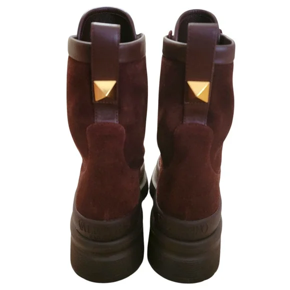 Valentino Garavani Rockstud Burgundy Suede Platform Combat Boots IT 39 / US 9 - Picture 8 of 14